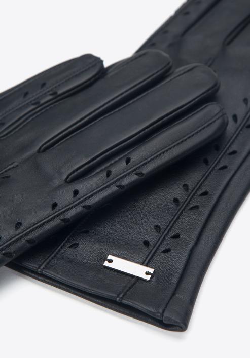 Damskie rękawiczki skórzane z ozdobnymi przeszyciami, czarny, 45-6-235-1-S, Zdjęcie 4