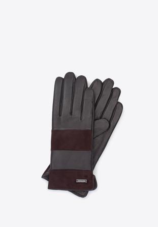 Damskie rękawiczki skórzane z poziomym pasem, ciemny brąz, 39-6-576-BB-L, Zdjęcie 1