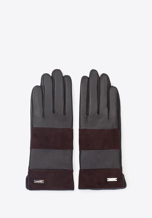 Damskie rękawiczki skórzane z poziomym pasem, ciemny brąz, 39-6-576-1-X, Zdjęcie 3