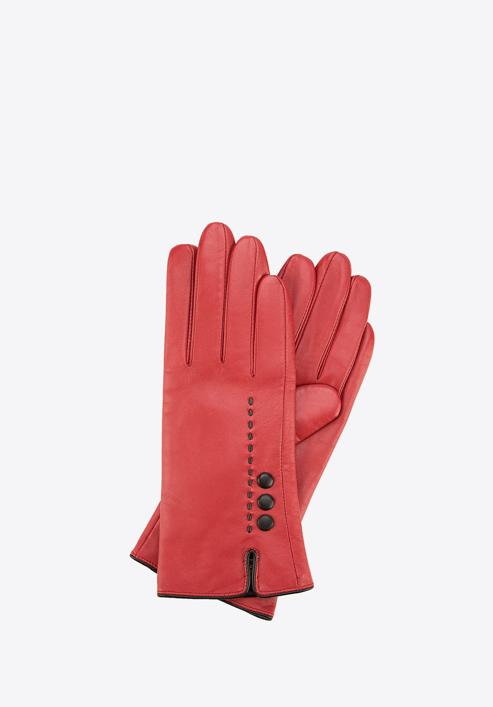 Damskie rękawiczki skórzane z przeszyciem z rzemyka, czerwono-czarny, 39-6-913-2T-V, Zdjęcie 1