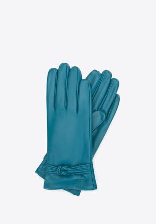 Women's leather gloves with knot detail, dark turquoise, 39-6A-009-Z-S, Photo 1