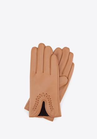 Damskie rękawiczki skórzane z wcięciem, camelowy, 39-6-552-LB-M, Zdjęcie 1