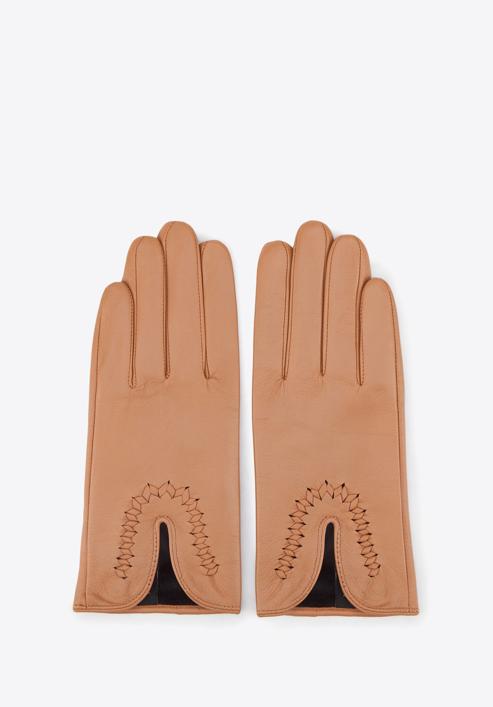 Damskie rękawiczki skórzane z wcięciem, camelowy, 39-6-552-LB-S, Zdjęcie 3
