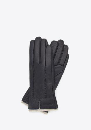 Damskie rękawiczki skórzane z wełnianym wnętrzem, ciemny brąz, 44-6-511-DB-L, Zdjęcie 1