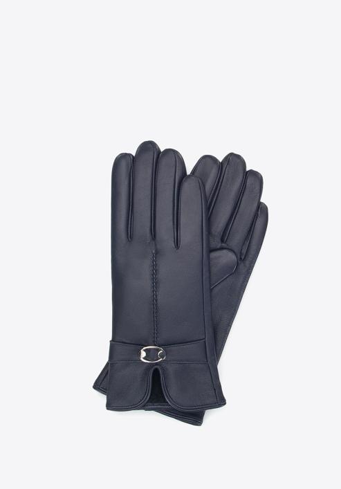 Women's buckle detail leather gloves, navy blue, 39-6A-005-1-L, Photo 1