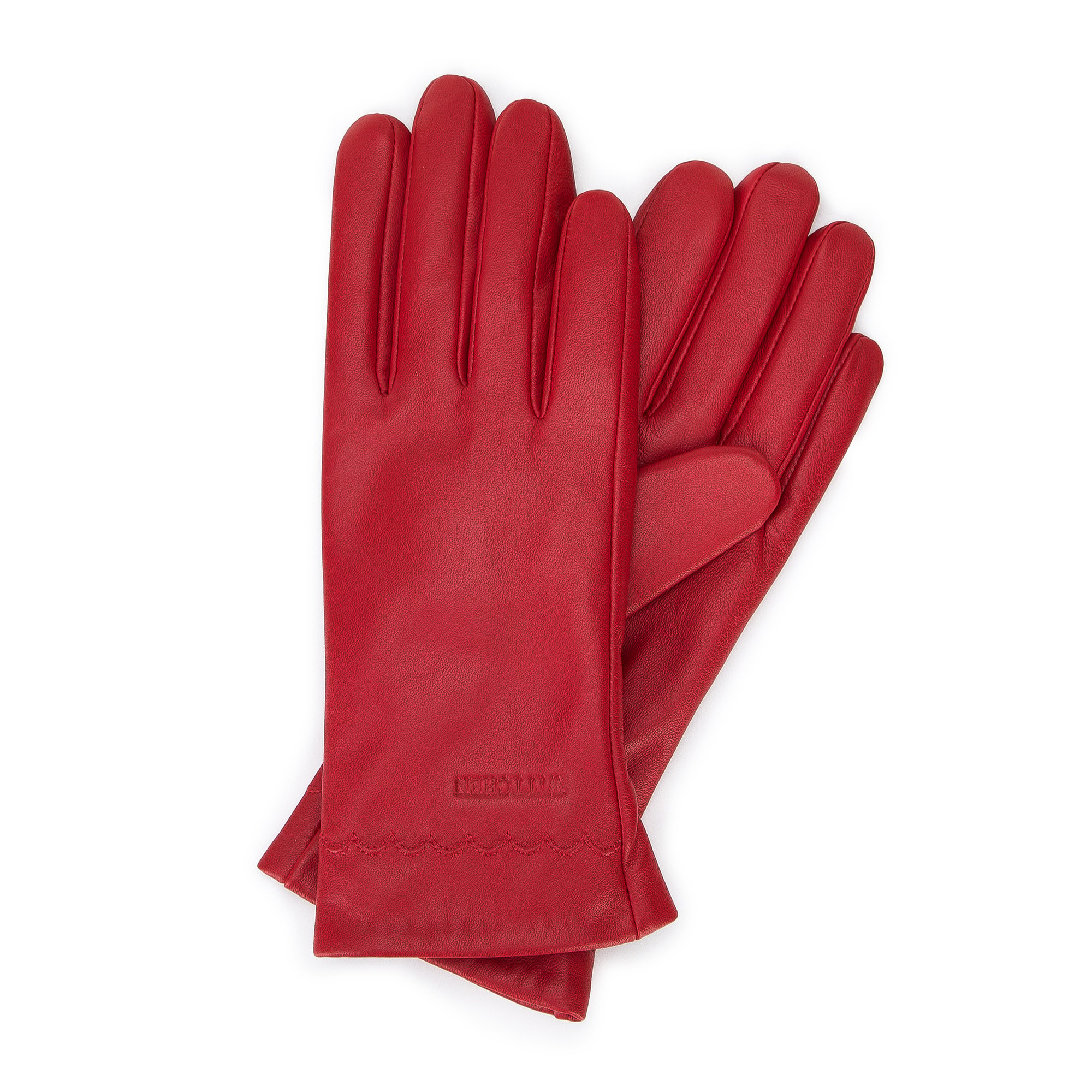 Damskie rękawiczki skórzane z wyszytym wzorem czerwone