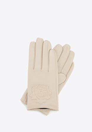 Damskie rękawiczki skórzane z wytłoczoną różą, beżowy, 45-6-523-9-L, Zdjęcie 1