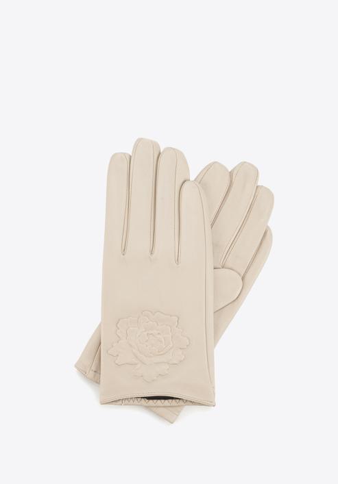 Damskie rękawiczki skórzane z wytłoczoną różą, beżowy, 45-6-523-1-M, Zdjęcie 1