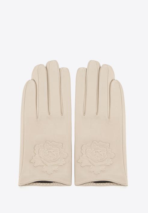 Damskie rękawiczki skórzane z wytłoczoną różą, beżowy, 45-6-523-1-S, Zdjęcie 3