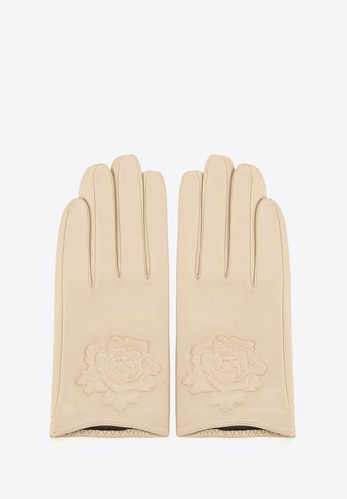 Damskie rękawiczki skórzane z wytłoczoną różą, jasny beż, 45-6-523-9-M, Zdjęcie 3