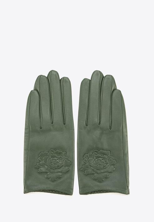 Damskie rękawiczki skórzane z wytłoczoną różą, zielony, 45-6-523-1-L, Zdjęcie 3