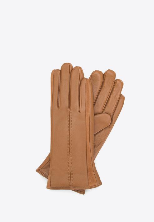 Damskie rękawiczki skórzane z zamszowymi wstawkami, camelowy, 39-6-559-6A-X, Zdjęcie 1
