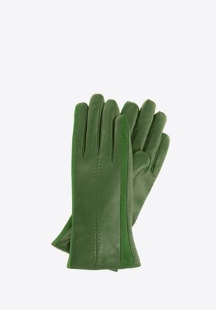 Damskie rękawiczki skórzane z zamszowymi wstawkami, ciemny zielony, 39-6-559-Z-L, Zdjęcie 1