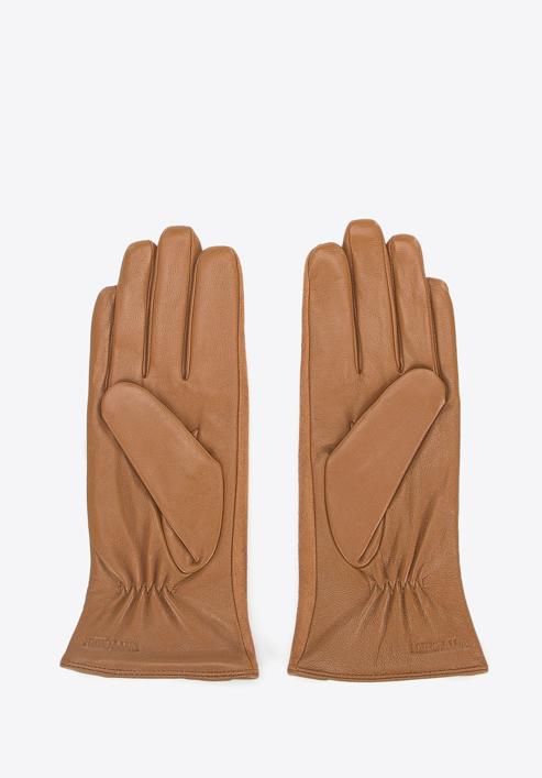 Damskie rękawiczki skórzane z zamszowymi wstawkami, camelowy, 39-6-559-6A-V, Zdjęcie 2