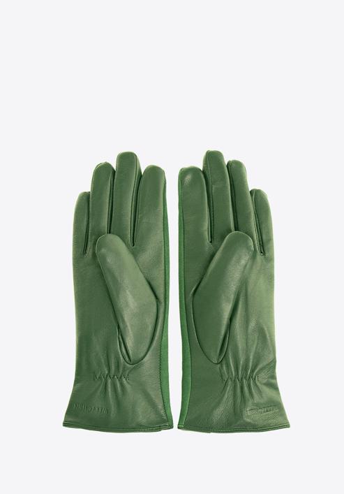 Damskie rękawiczki skórzane z zamszowymi wstawkami, ciemny zielony, 39-6-559-6A-L, Zdjęcie 2