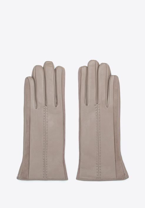 Damskie rękawiczki skórzane z zamszowymi wstawkami, beżowy, 39-6-559-6A-V, Zdjęcie 3