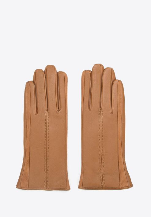 Damskie rękawiczki skórzane z zamszowymi wstawkami, camelowy, 39-6-559-6A-S, Zdjęcie 3
