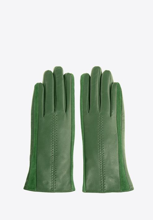 Damskie rękawiczki skórzane z zamszowymi wstawkami, ciemny zielony, 39-6-559-LB-V, Zdjęcie 3