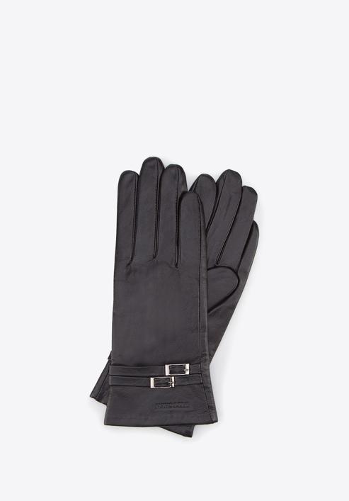Damskie rękawiczki skórzane ze sprzączkami, czarny, 39-6-573-1-M, Zdjęcie 1