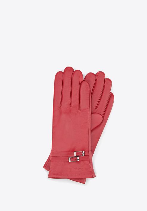 Damskie rękawiczki skórzane ze sprzączkami, czerwony, 39-6-573-1-L, Zdjęcie 1