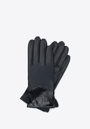 Damskie rękawiczki skórzane ze wstawką o fakturze egzotycznej skóry, czarny, 45-6A-015-2-XS, Zdjęcie 1