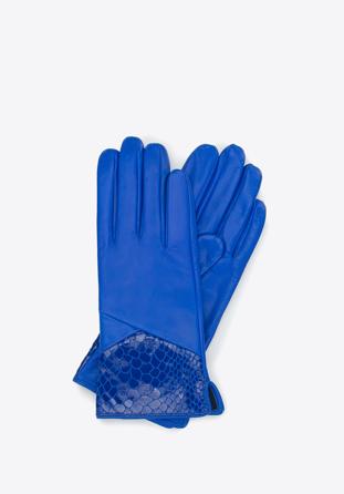 Damskie rękawiczki skórzane ze wstawką o fakturze egzotycznej skóry, niebieski, 45-6A-015-7-XL, Zdjęcie 1