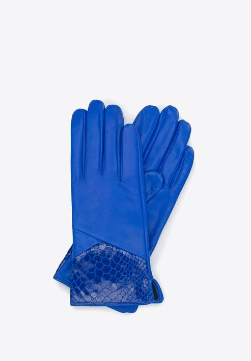 Damskie rękawiczki skórzane ze wstawką o fakturze egzotycznej skóry, niebieski, 45-6A-015-2-XS, Zdjęcie 1
