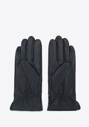 Damskie rękawiczki skórzane ze wstawką o fakturze egzotycznej skóry, czarny, 45-6A-015-2-L, Zdjęcie 1