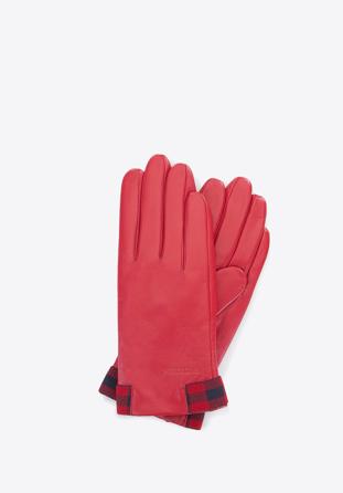 Damskie rękawiczki skórzane ze wstawkami w kratę, czerwono-granatowy, 39-6-642-3-V, Zdjęcie 1
