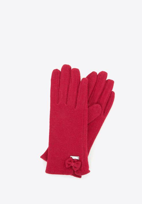 Damskie rękawiczki wełniane z kokardką, ciemny czerwony, 47-6-X91-2-U, Zdjęcie 1