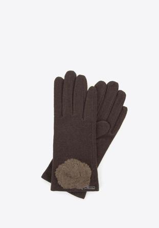 Women's wool blend gloves with a rosette-shaped decoration, brown, 47-6-X90-4-U, Photo 1