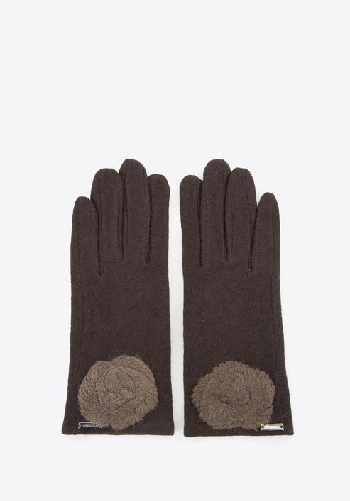 Women's wool blend gloves with a rosette-shaped decoration, brown, 47-6-X90-4-U, Photo 3