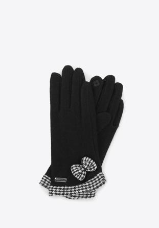 Women's gloves with bow and houndstooth check trim, black, 47-6-205-1-M, Photo 1
