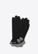 Women's gloves with bow and houndstooth check trim, black, 47-6-205-1-L, Photo 1