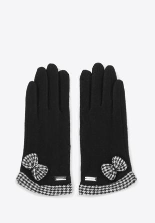 Women's gloves with bow and houndstooth check trim, black, 47-6-205-1-M, Photo 1