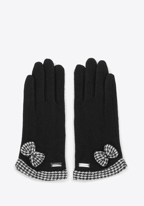 Women's gloves with bow and houndstooth check trim, black, 47-6-205-1-XS, Photo 2