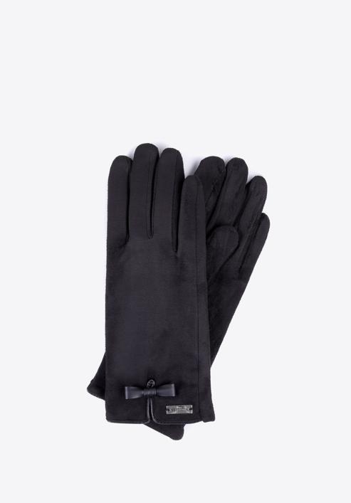 Damskie rękawiczki z kokardką, czarny, 39-6P-016-6A-S/M, Zdjęcie 1
