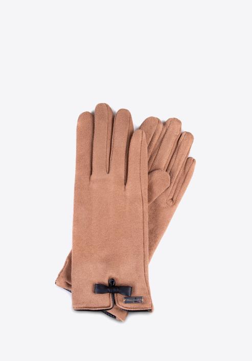 Damskie rękawiczki z kokardką, brązowy, 39-6P-016-B-S/M, Zdjęcie 1
