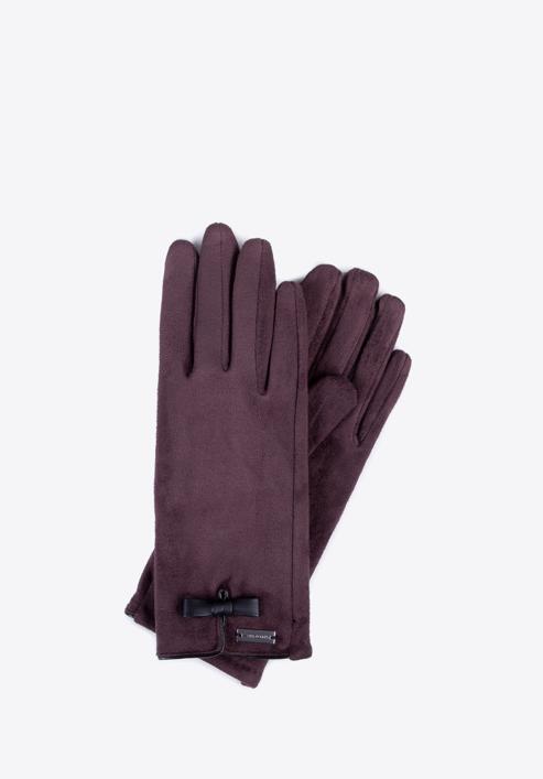 Damskie rękawiczki z kokardką, ciemny brąz, 39-6P-016-6A-S/M, Zdjęcie 1