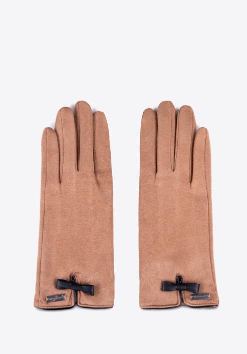 Damskie rękawiczki z kokardką, brązowy, 39-6P-016-PP-M/L, Zdjęcie 3