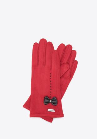 Damskie rękawiczki z ozdobnym obszyciem i kokardą czerwone