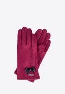 Damskie rękawiczki z ozdobnym obszyciem i kokardą, bordowy, 39-6P-012-3-M/L, Zdjęcie 1