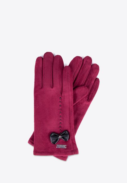 Damskie rękawiczki z ozdobnym obszyciem i kokardą, bordowy, 39-6P-012-3-S/M, Zdjęcie 1