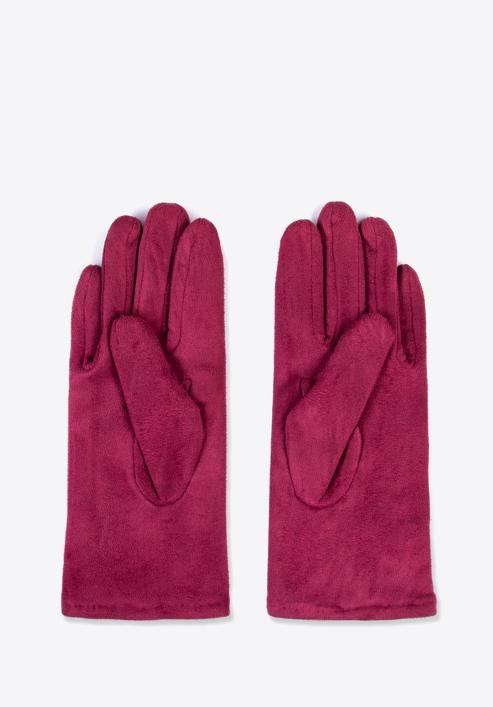 Damskie rękawiczki z ozdobnym obszyciem i kokardą, bordowy, 39-6P-012-3-M/L, Zdjęcie 2