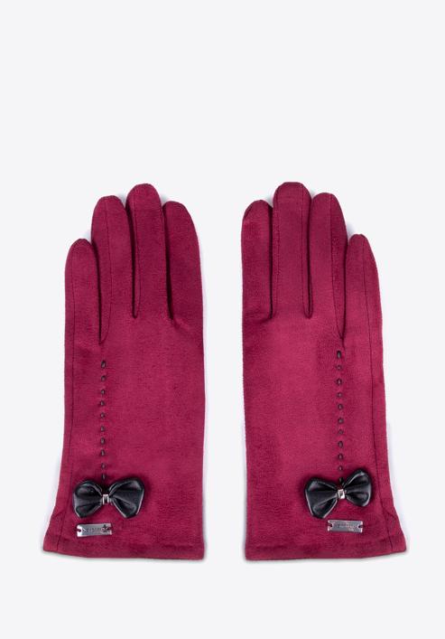 Damskie rękawiczki z ozdobnym obszyciem i kokardą, bordowy, 39-6P-012-33-S/M, Zdjęcie 3