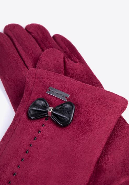 Damskie rękawiczki z ozdobnym obszyciem i kokardą, bordowy, 39-6P-012-3-M/L, Zdjęcie 4