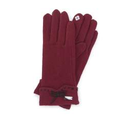Damskie rękawiczki z ozdobnym przeszyciem i kokardką, bordowy, 47-6-204-1-M, Zdjęcie 1