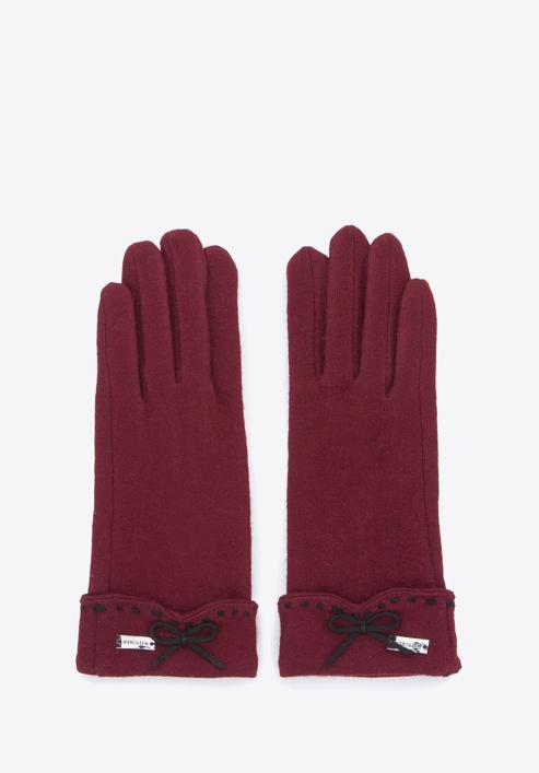 Damskie rękawiczki z ozdobnym przeszyciem i kokardką, bordowy, 47-6-204-1-M, Zdjęcie 2
