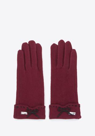 Damskie rękawiczki z ozdobnym przeszyciem i kokardką, bordowy, 47-6-204-1-M, Zdjęcie 1