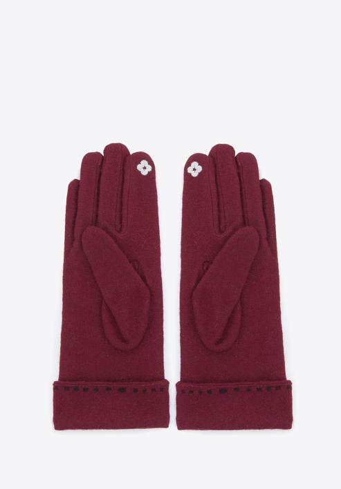 Damskie rękawiczki z ozdobnym przeszyciem i kokardką, bordowy, 47-6-204-1-M, Zdjęcie 3